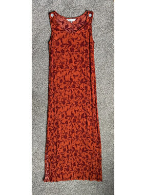 VTG John Paul Richard Uniform Maxi Dress M Rust‎ Floral Crinkle Sleeveless Boho